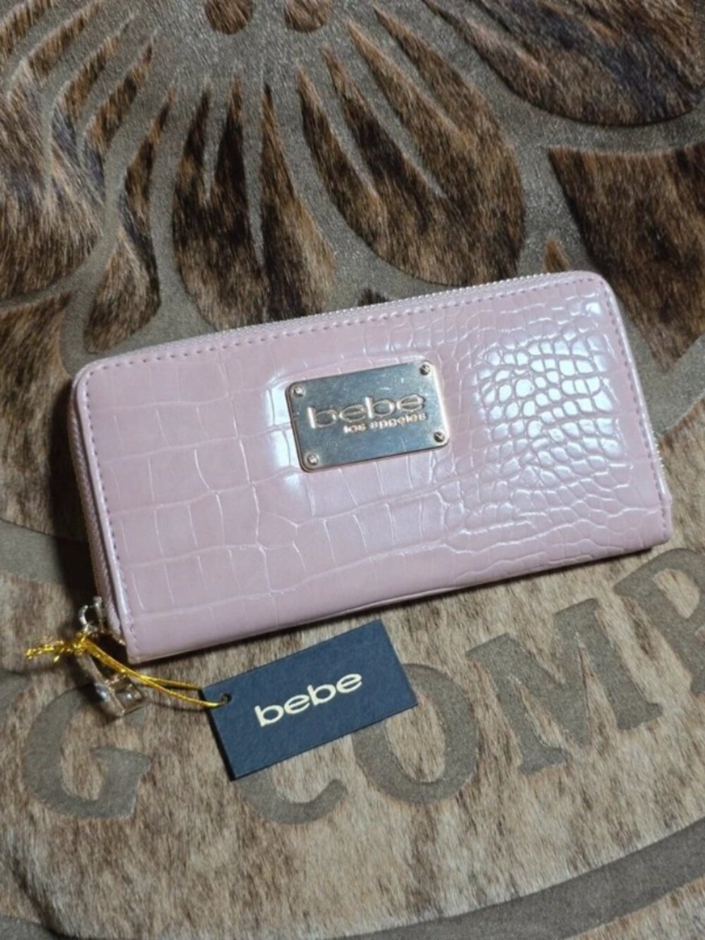 bebe Pink Croc-Embossed Zip Wallet with Gold Logo Plate